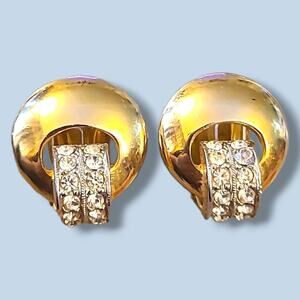 Vintage‎ 90s Diane Von Furstenberg DVF Rhinestone Clip-on Earrings Gold Tone